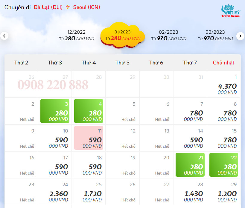 Giá vé máy bay đường bay thẳng Đà Lạt đi Seoul hãng Vietjet Air